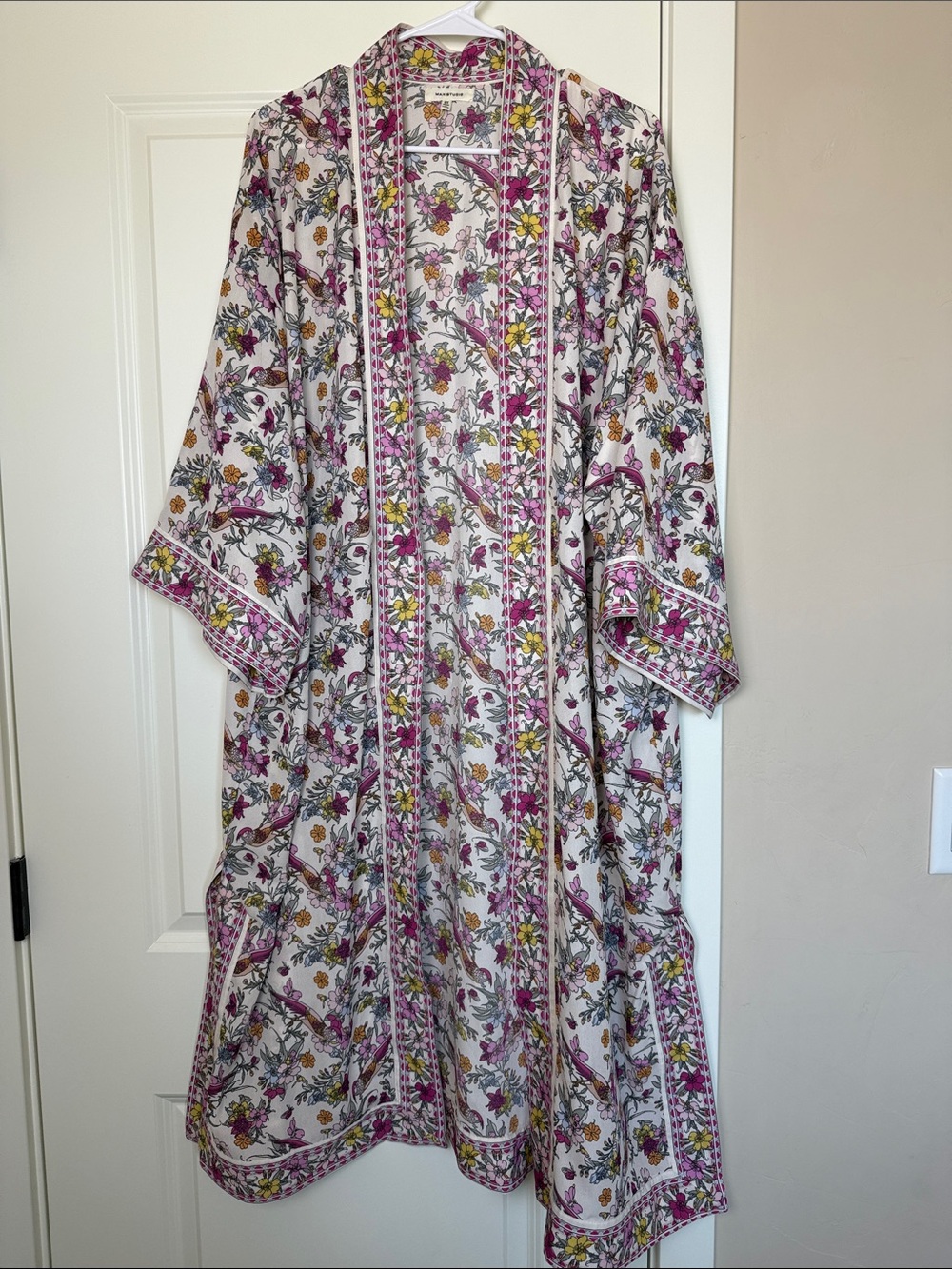 Max Studio | Floral Open-Front Duster Cover Up in Pink, Yellow & White